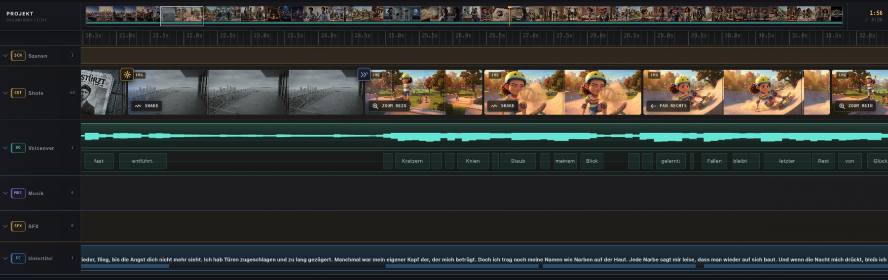 SceneIt Studio timeline with editing lanes